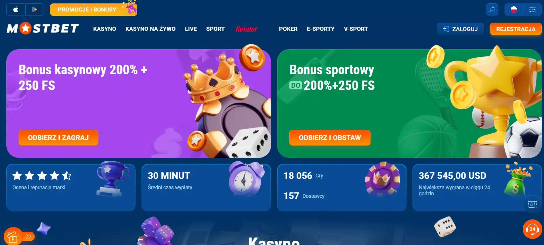 Aktualny polski moduł bonusu powitalnego Mostbet 125% i 250 darmowych spinów