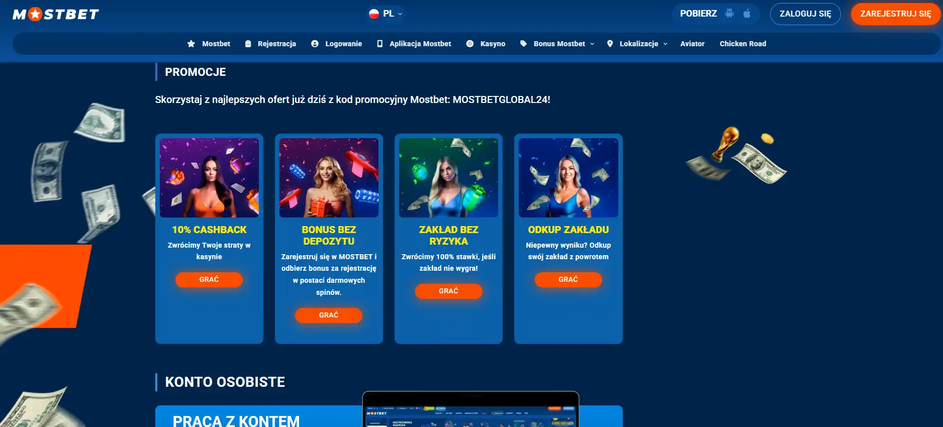 Polska powierzchnia Mostbet pokazująca aktualny kod promocyjny