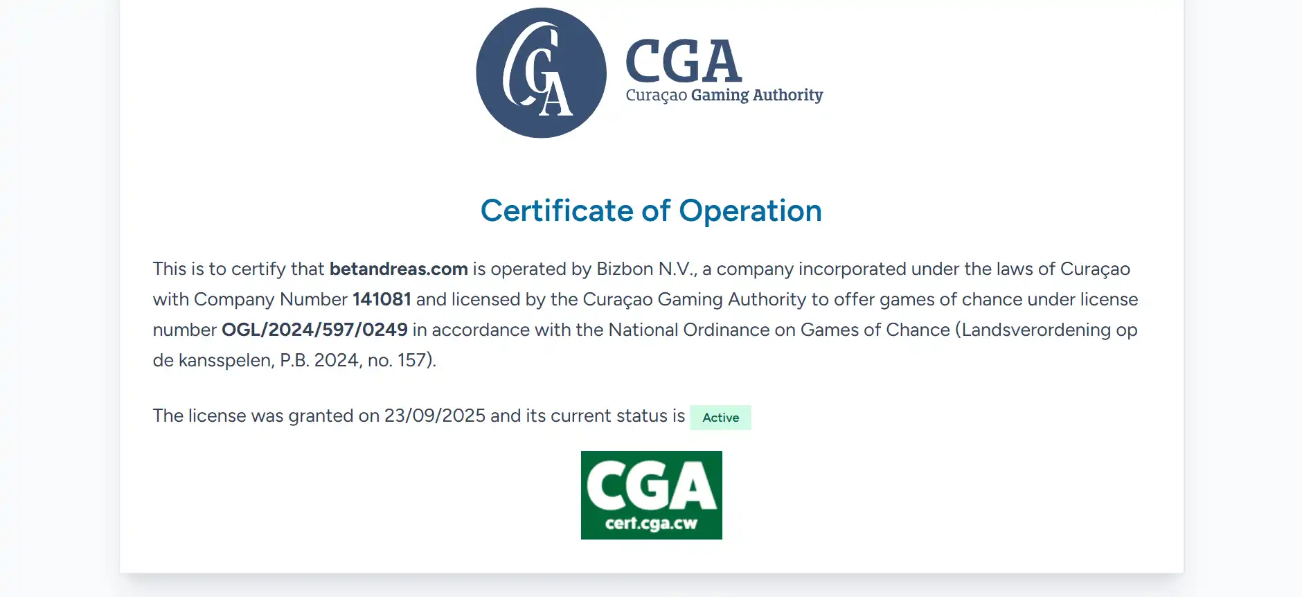 Certyfikat licencji mostbet.com w rejestrze Curaçao Gaming Authority