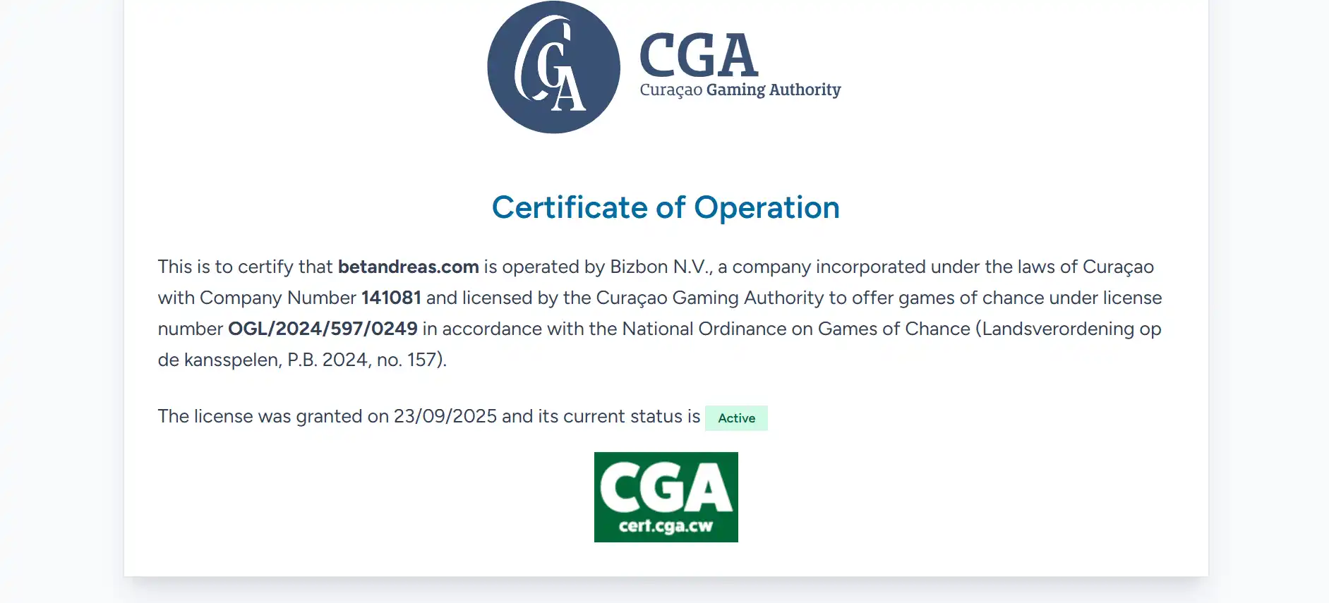Zrzut wpisu rejestrowego Curaçao Gaming Authority dotyczącego Bizbon N.V. i numeru OGL/2024/597/0249